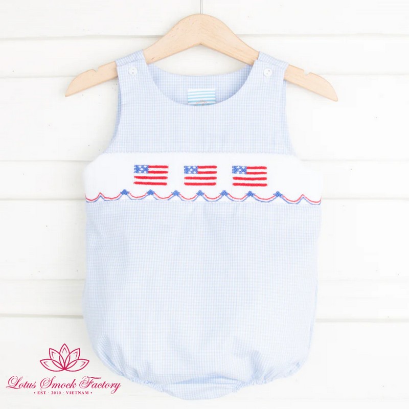 Fourth of July Outfit 2026 Smocked American Flag Light Blue Bubble Wholesale Smocked Clothing