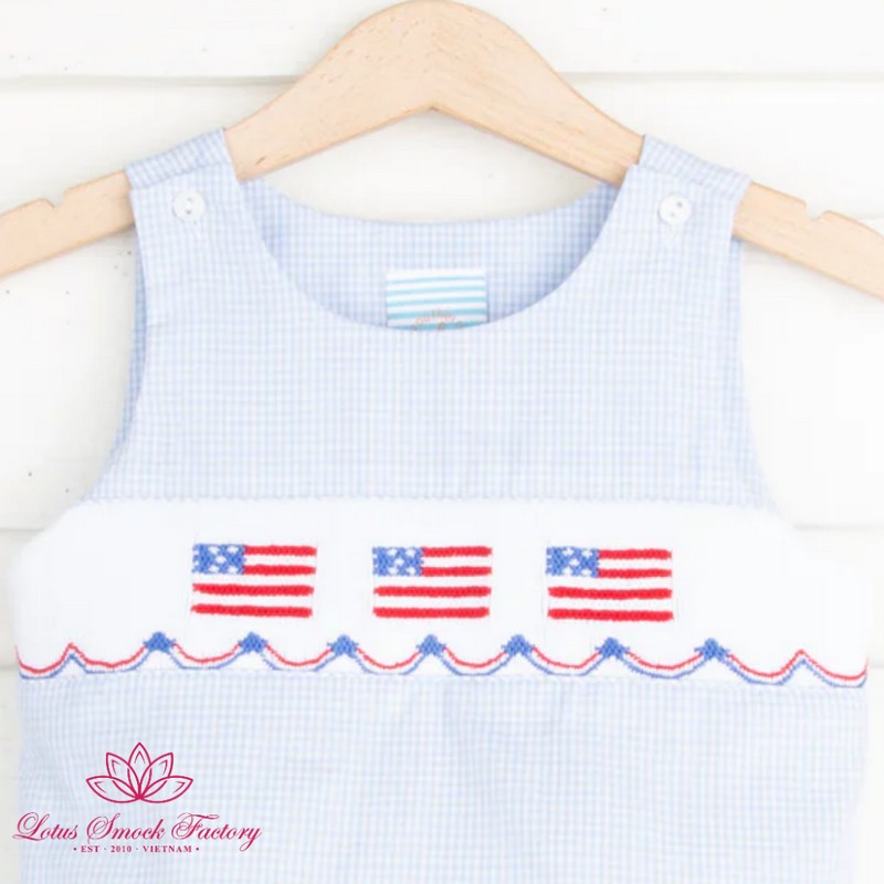 Fourth of July Outfit 2026 Smocked American Flag Light Blue Bubble Wholesale Smocked Clothing