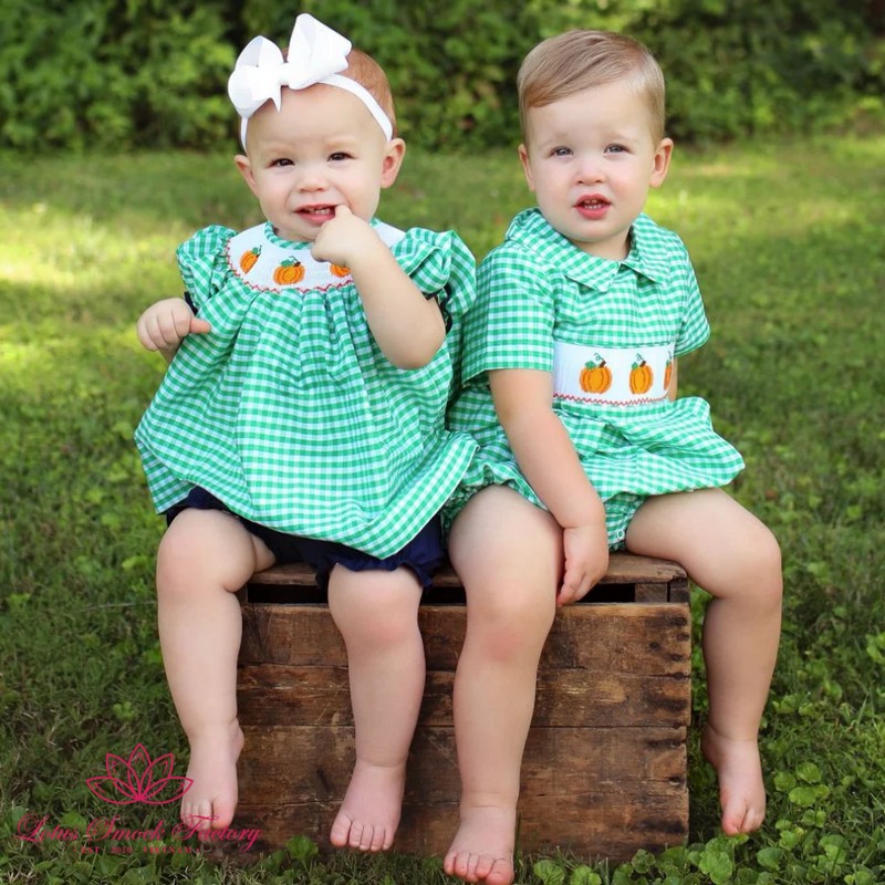 Halloween Outfit 2025 Green Gingham Pumpkin Bubble Wholesale Smocked Clothing