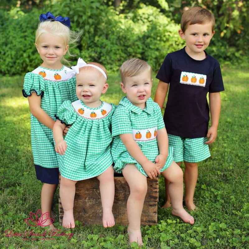 Halloween Outfit 2025 Green Gingham Pumpkin Bubble Wholesale Smocked Clothing