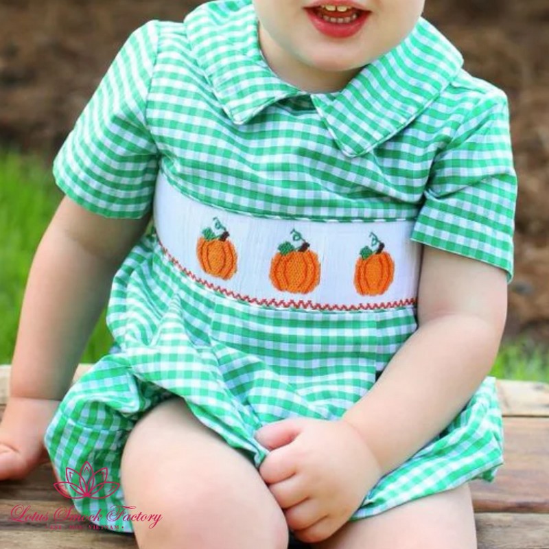 Halloween Outfit 2025 Green Gingham Pumpkin Bubble Wholesale Smocked Clothing