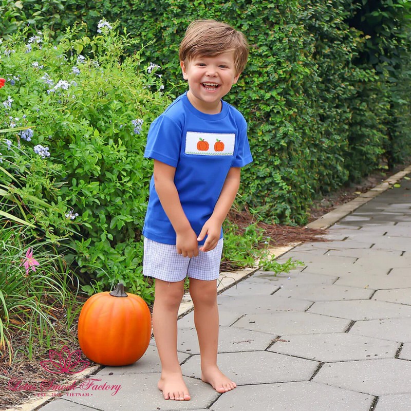 Halloween Outfit 2025 Pumpkin Smocked Blue Set Wholesale Smocked Clothing