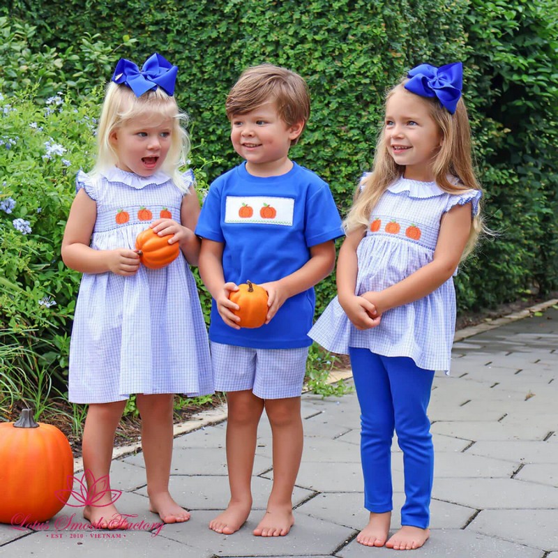 Halloween Outfit 2026 Pumpkin Smocked Blue Set Wholesale Smocked Clothing
