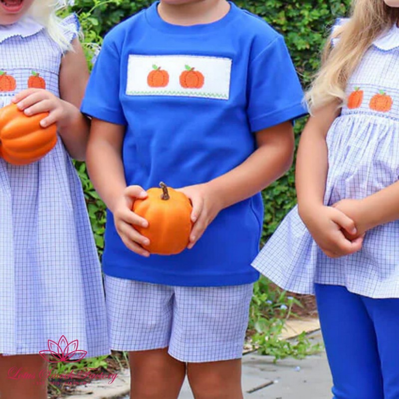 Halloween Outfit 2026 Pumpkin Smocked Blue Set Wholesale Smocked Clothing