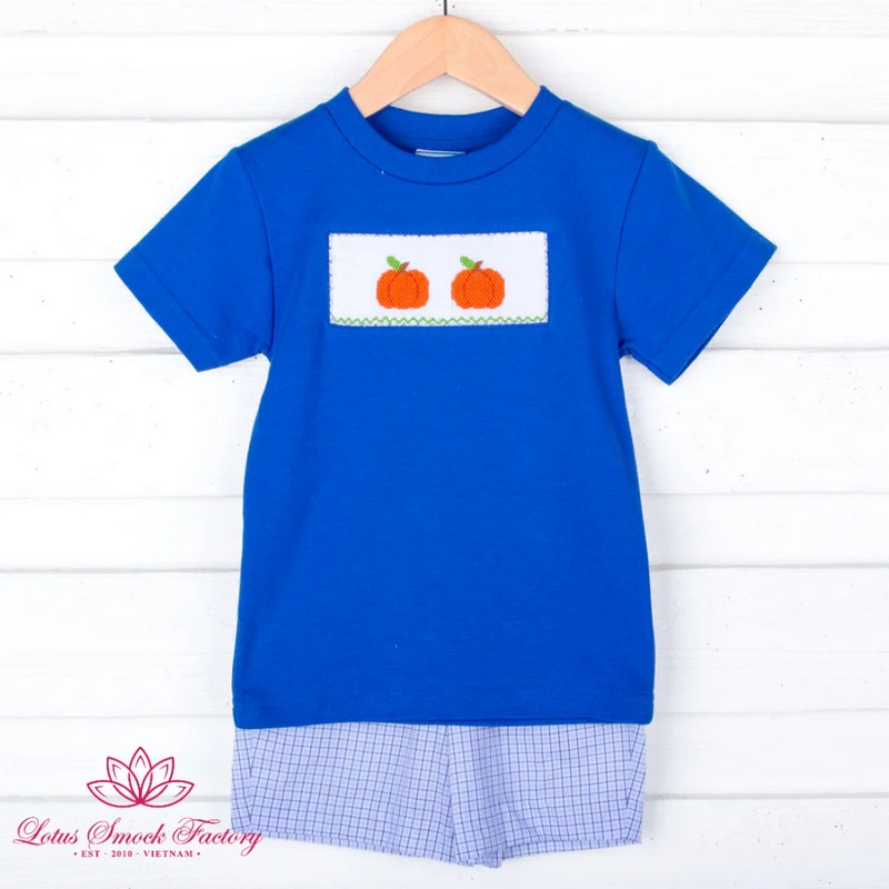 Halloween Outfit 2026 Pumpkin Smocked Blue Set Wholesale Smocked Clothing