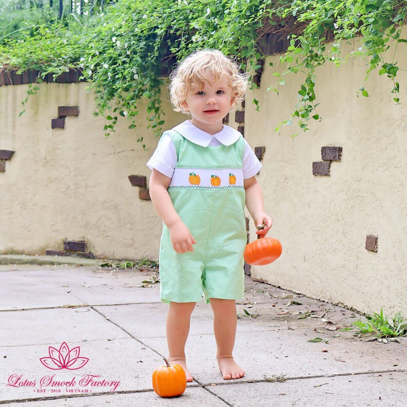 Halloween Outfit 2025 Pumpkin Smocked Green Shortall Wholesale Smocked Clothing