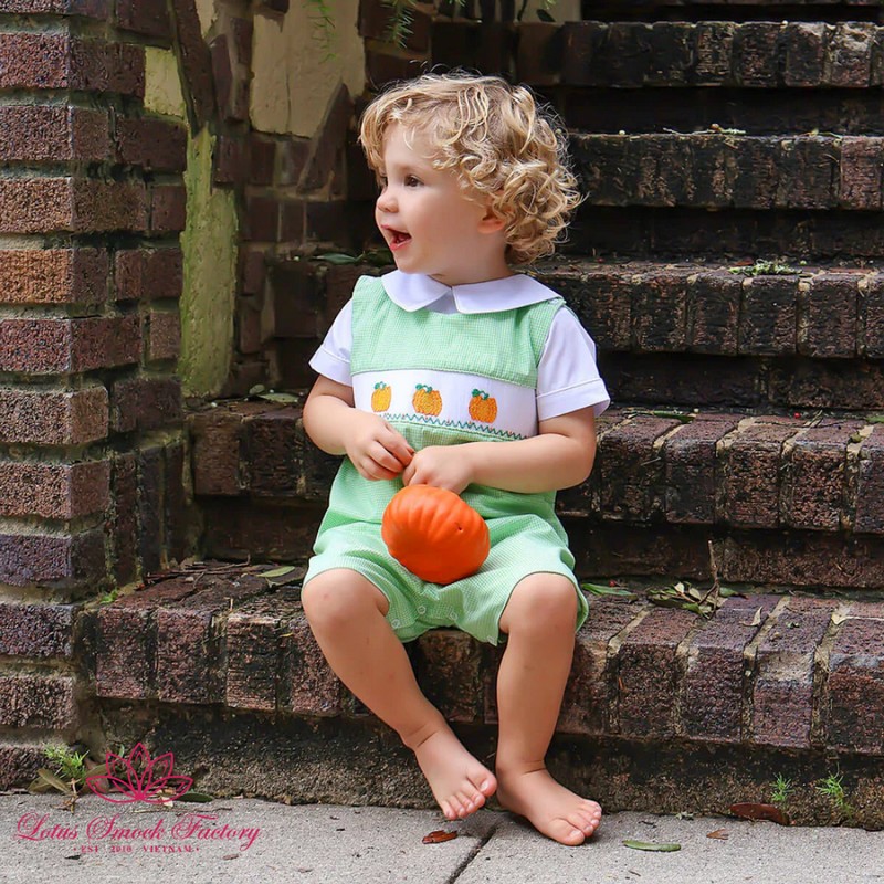 Halloween Outfit 2026 Pumpkin Smocked Green Shortall Wholesale Smocked Clothing