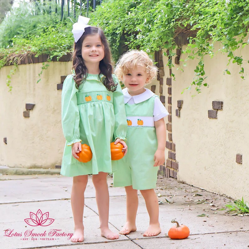 Halloween Outfit 2026 Pumpkin Smocked Green Shortall Wholesale Smocked Clothing