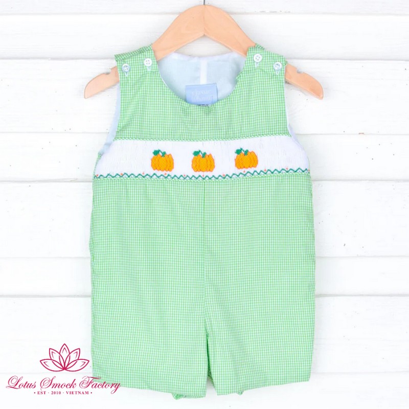 Halloween Outfit 2026 Pumpkin Smocked Green Shortall Wholesale Smocked Clothing