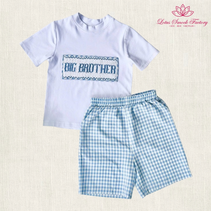 Blue Gingham Smocked Boy Set Wholesale Smocked Clothing