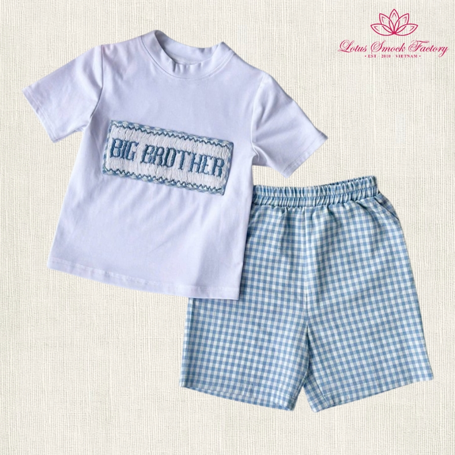 Blue Gingham Smocked Boy Set Wholesale Smocked Clothing