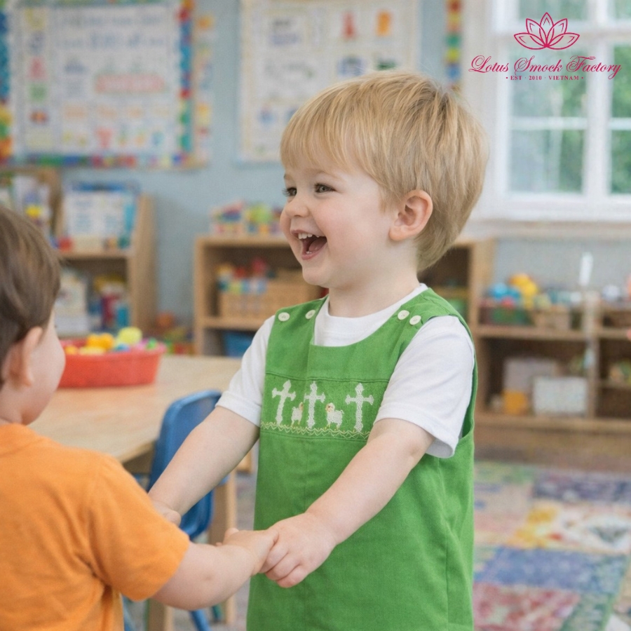 Classic Green Little Lamb Cross Smocked Shortall Wholesale Smocked Clothing