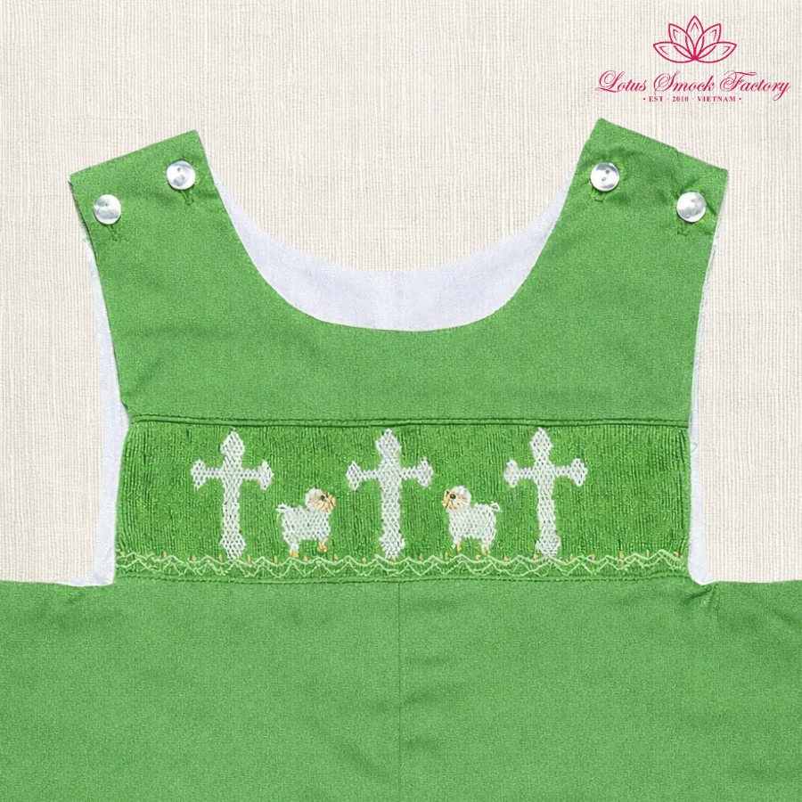 Classic Green Little Lamb Cross Smocked Shortall Wholesale Smocked Clothing