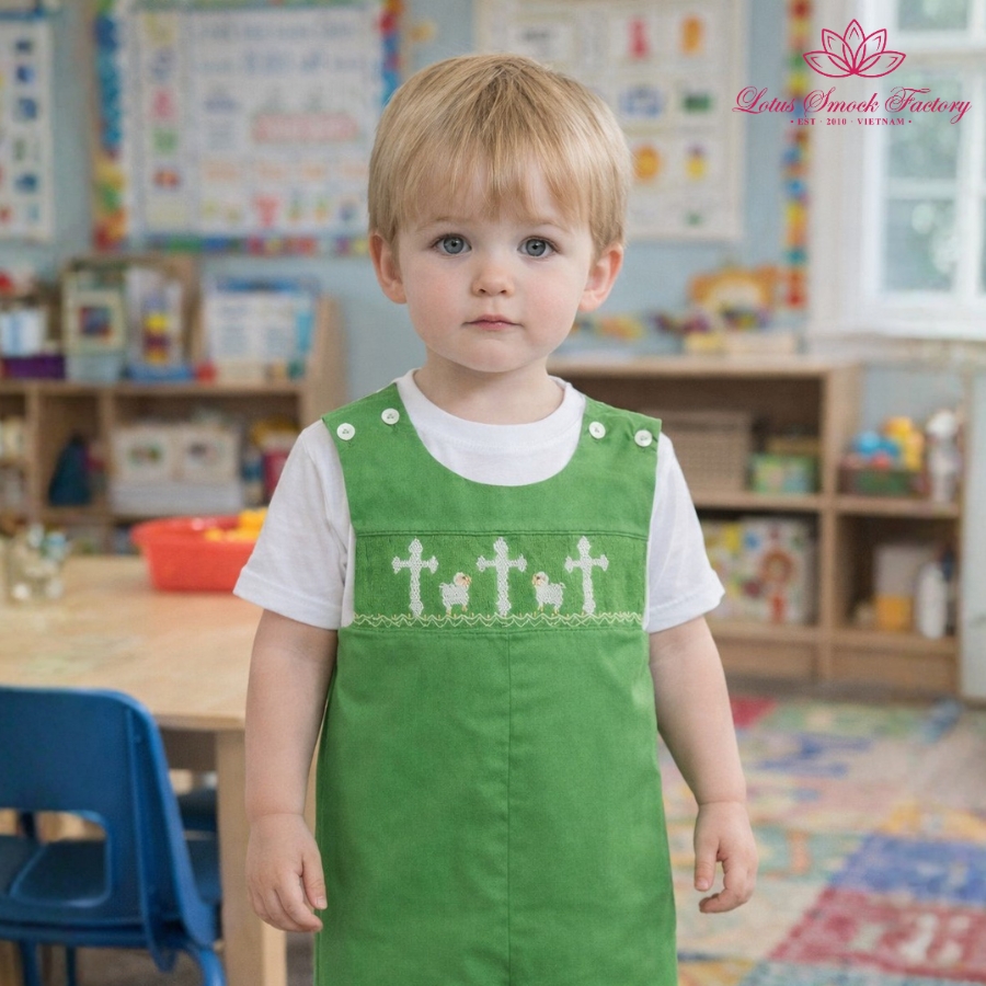 Classic Green Little Lamb Cross Smocked Shortall Wholesale Smocked Clothing