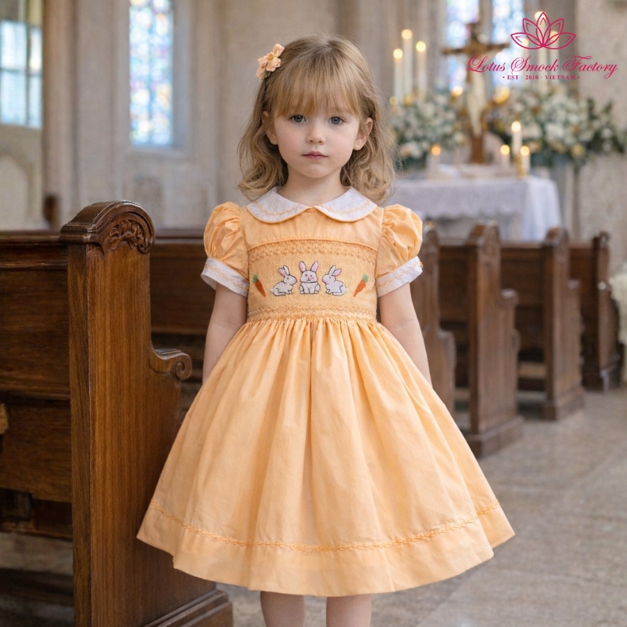 Peach Bunny Easter Smocked Dress Wholesale Smocked Clothing