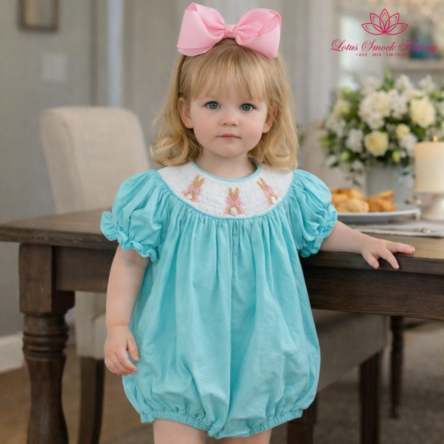 Easter Smocked Outfit 2026 Blue Bunny Bubble Wholesale Smocked Clothing