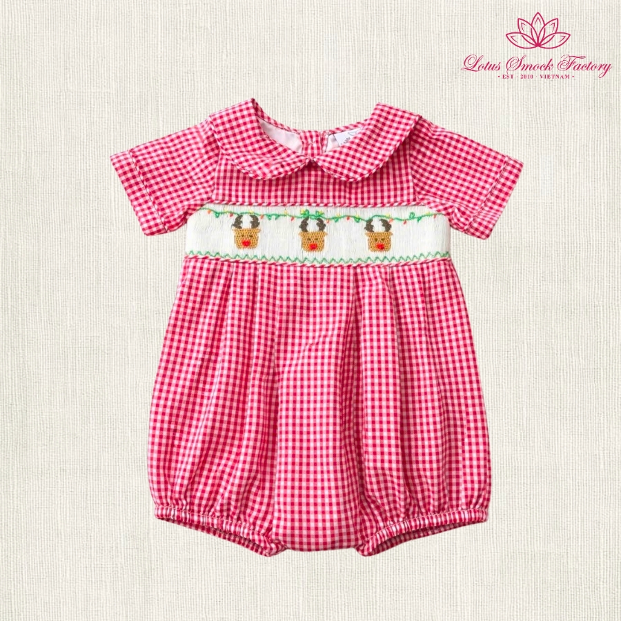 Red Gingham Reindeer Smocked Bubble Wholesale Smocked Clothing
