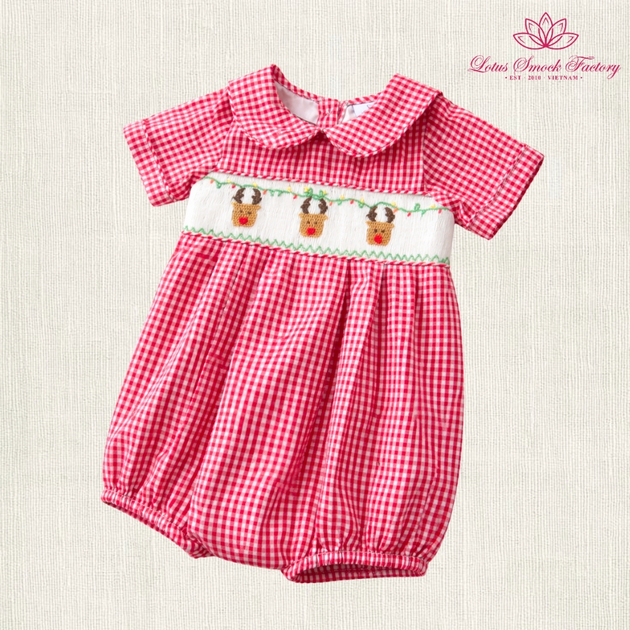 Red Gingham Reindeer Smocked Bubble Wholesale Smocked Clothing