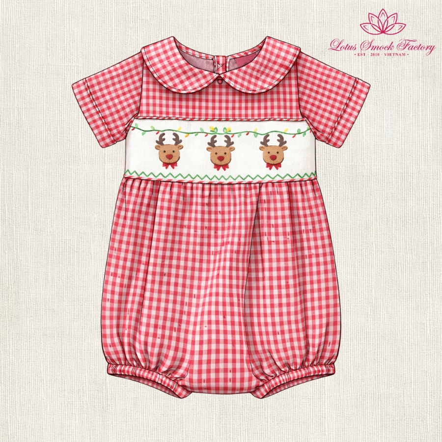 Red Gingham Reindeer Smocked Bubble Wholesale Smocked Clothing