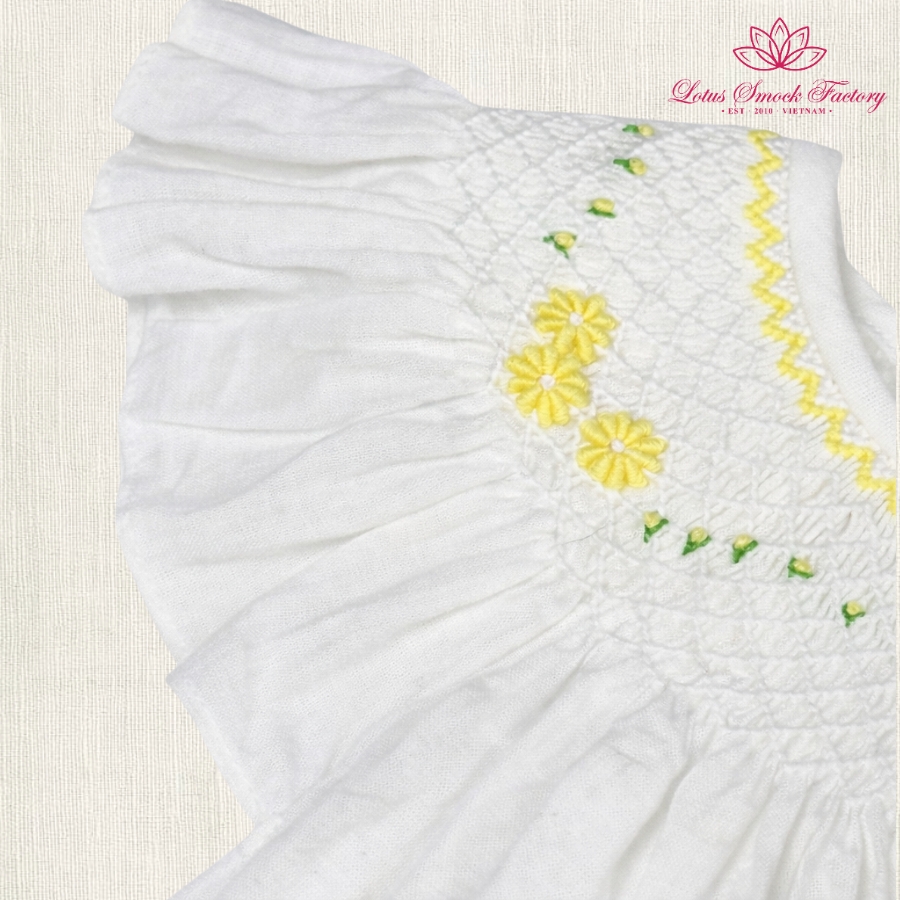 Yellow Flower on White Dress Wholesale Smocked Clothing