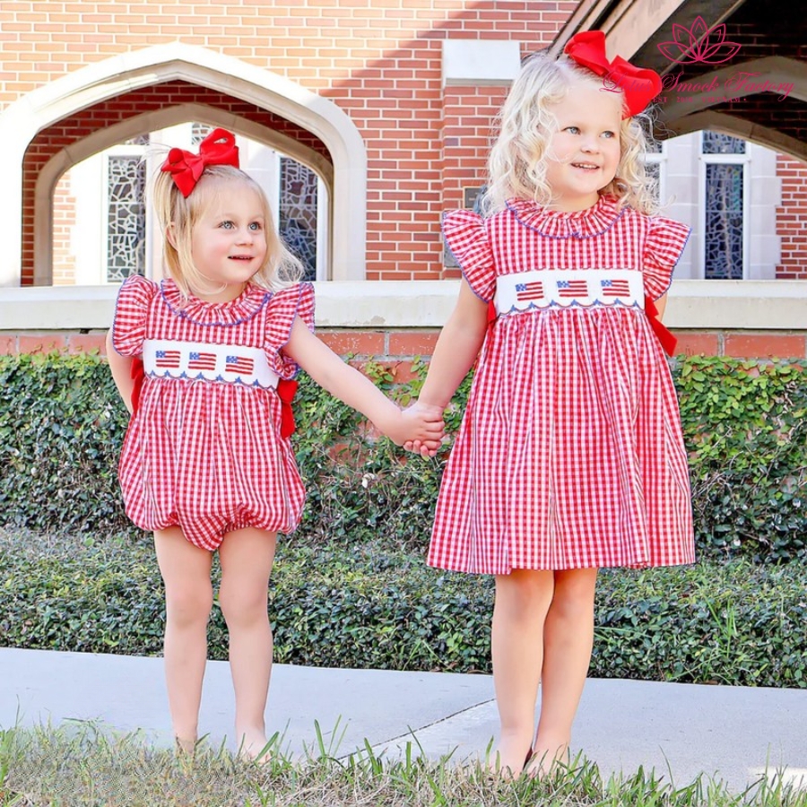 American Flag Fourth Of July Smocked Twin Girl Set Wholesale Smocked Clothing