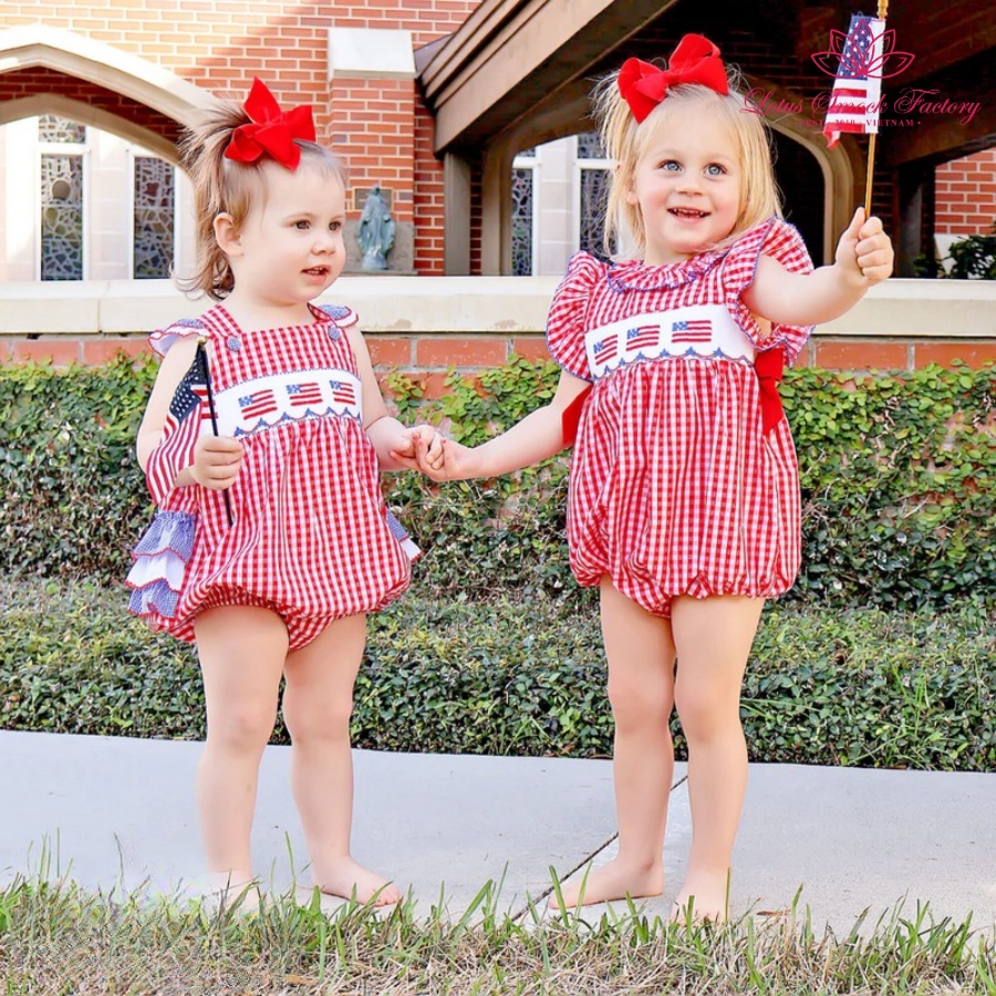 American Flag Fourth Of July Smocked Twin Girl Set Wholesale Smocked Clothing