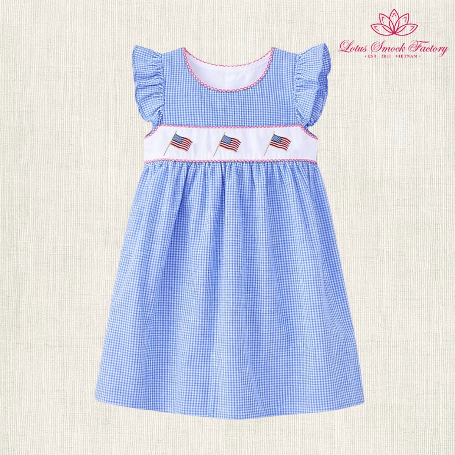 Gingham Blue Fourth Of July Sibling Set Wholesale Smocked Clothing