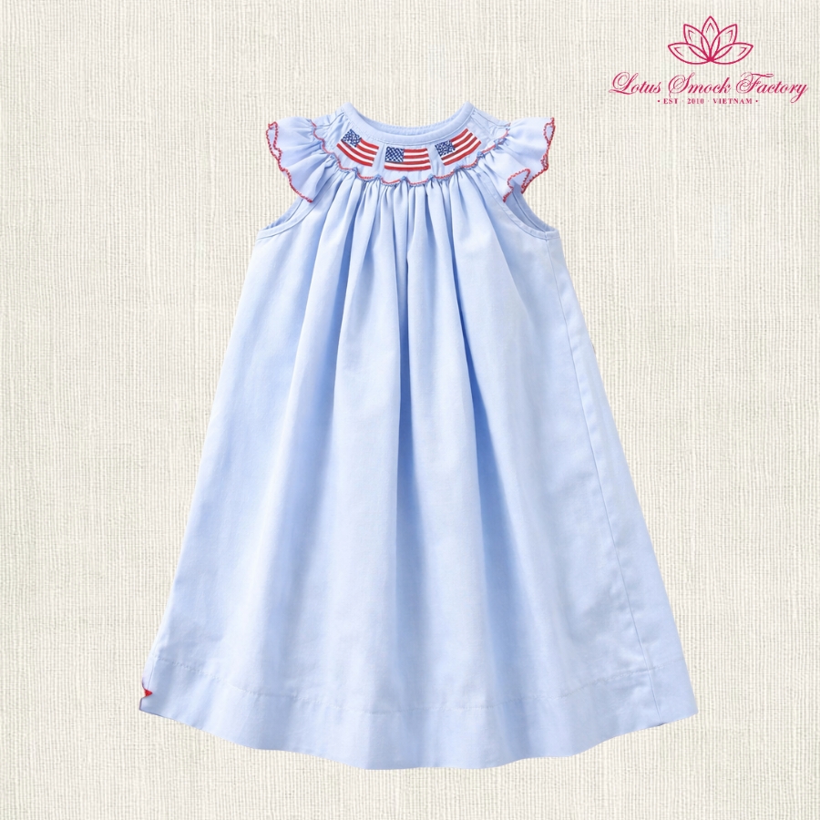 Gingham Blue Fourth Of July Smocked Bishop Wholesale Smocked Clothing