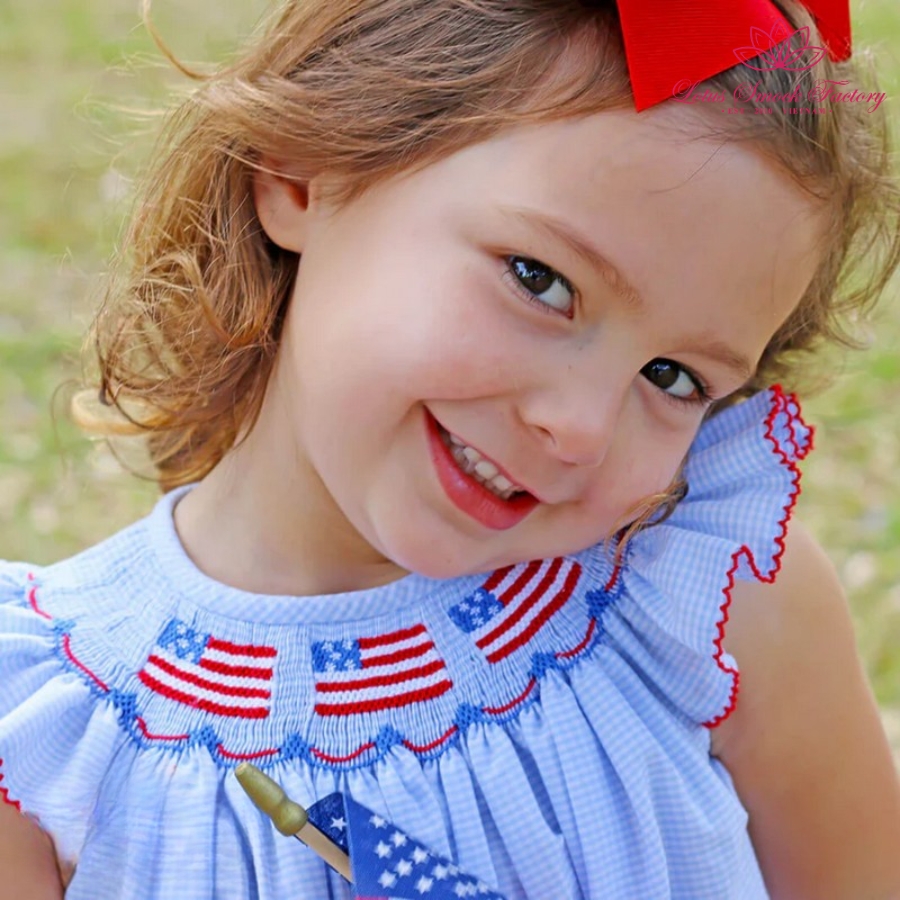 Gingham Blue Fourth Of July Smocked Bishop Wholesale Smocked Clothing