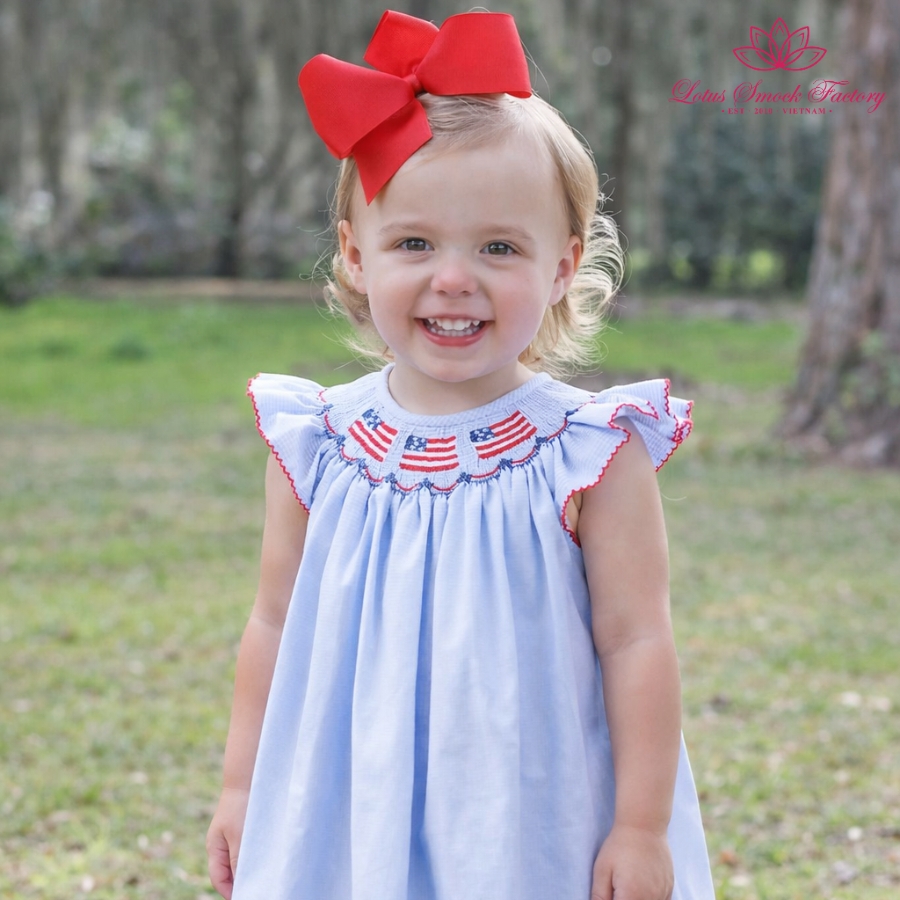 Gingham Blue Fourth Of July Smocked Bishop Wholesale Smocked Clothing
