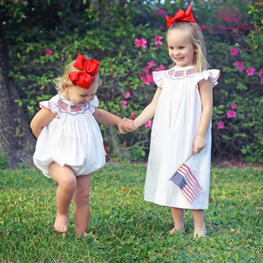 White Fourth Of July Smocked Sibling Set Wholesale Smocked Clothing