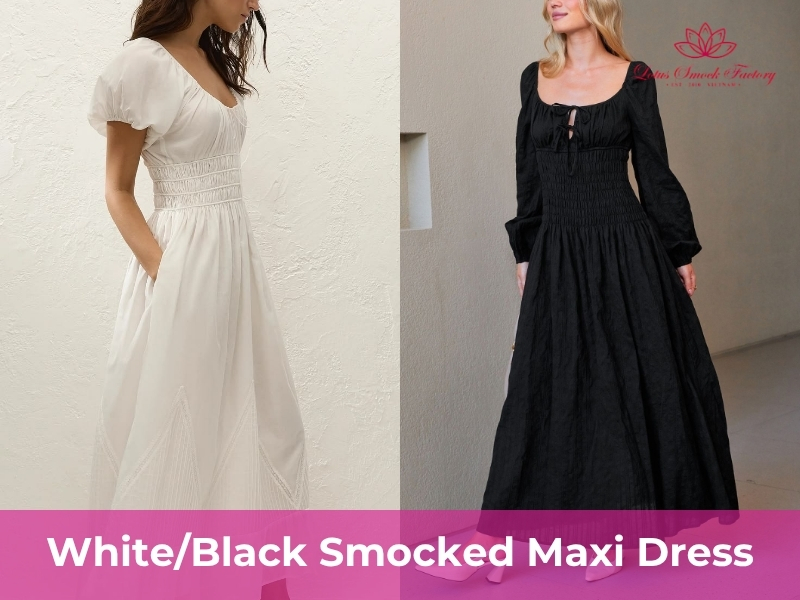 white/black smocked maxi dresses