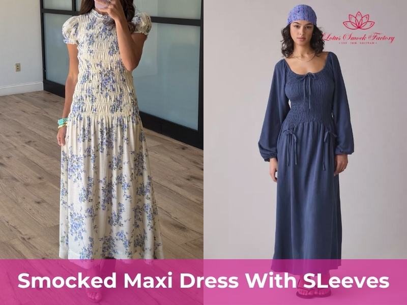 smocked maxi dress with sleeves